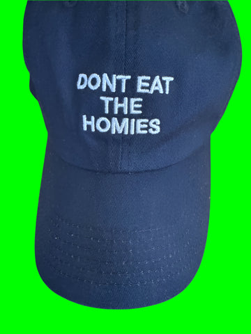 Don't Eat The Homies blue black baseball cap sustainable preloved headwear with embroidered logo