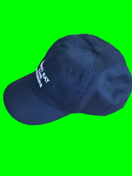 Side profile Don't Eat The Homies baseball cap showing curved brim blue black sustainable headwear