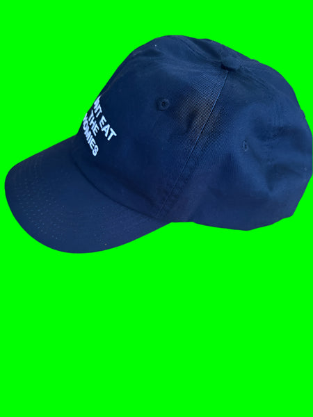 Front view Don't Eat The Homies embroidered logo detail blue black sustainable baseball cap preloved fashion