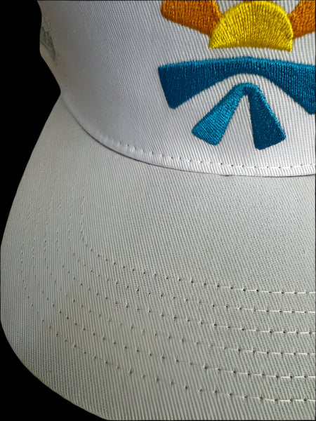 Side angle view of Freshy white baseball cap showing curved brim and profile design
