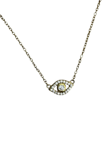 18k gold evil eye necklace with adjustable chain on white background