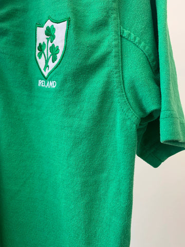 ITEM ARCHIVAL vintage green varsity rugby shirt with embroidered clover crest - front view