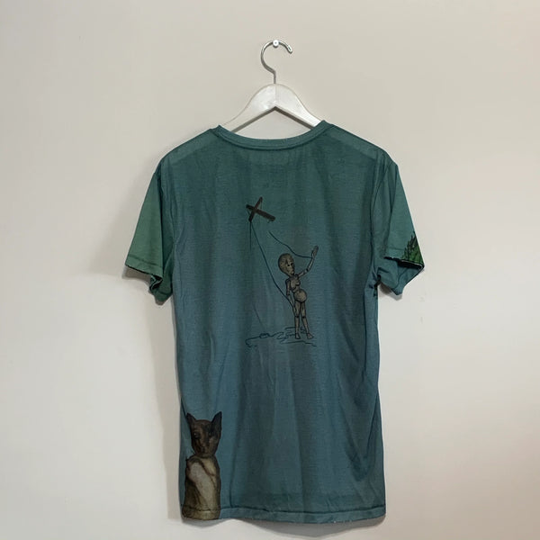 Model wearing Kurt Cobain Portrait olive t-shirt front view