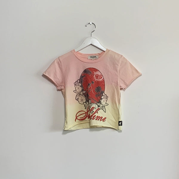 Sublime band crop tee in Hombre Pink color showing front design